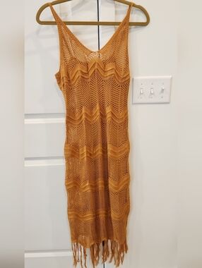 Almost Famous Open Crochet Tank Dress in Mustard Yellow
